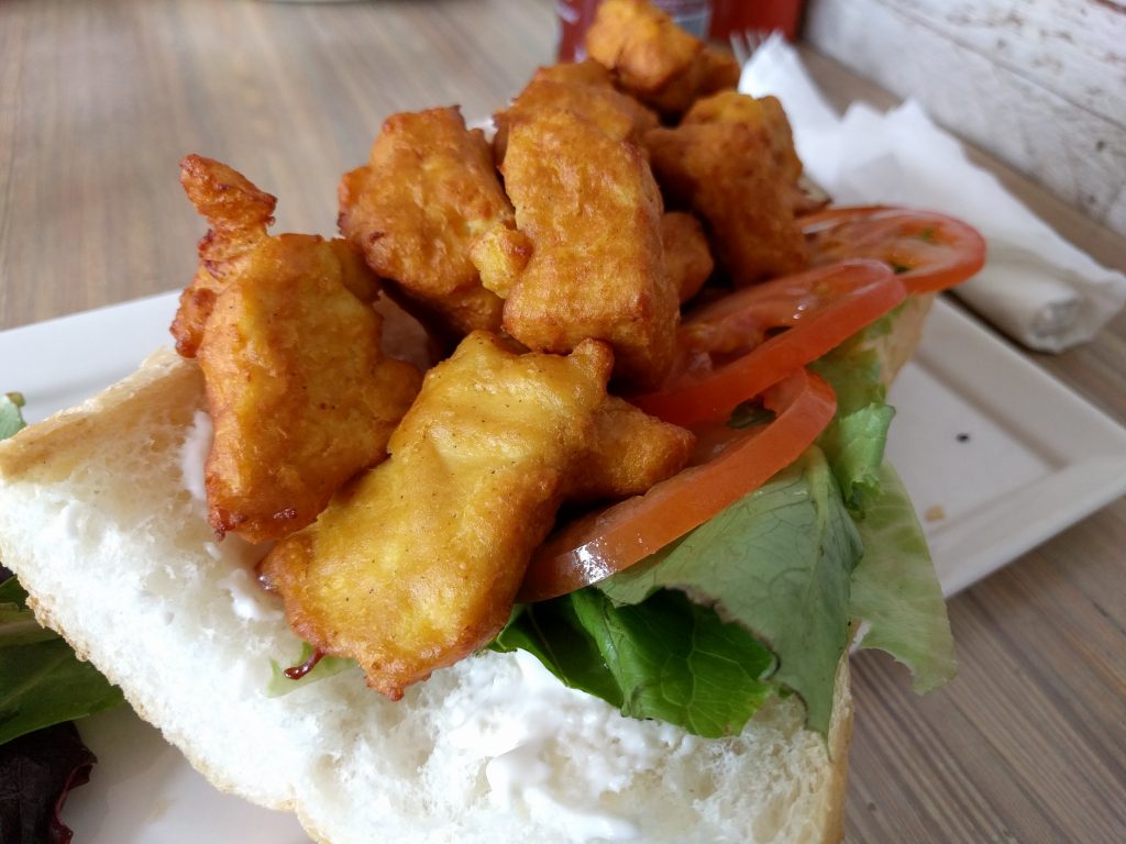 This po boy was filled with chickpea-battered tofu. SO GOOD!